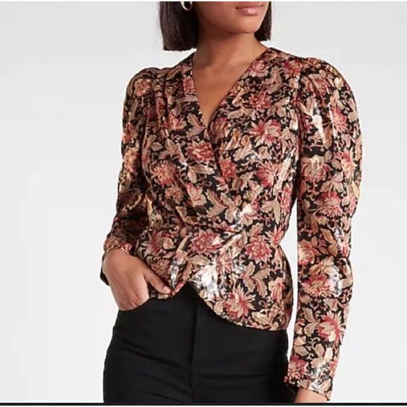 EXPRESS Top Womens Small S Metallic Gold Red Floral Peplum Blouse NEW Faux Wrap - Picture 10 of 10